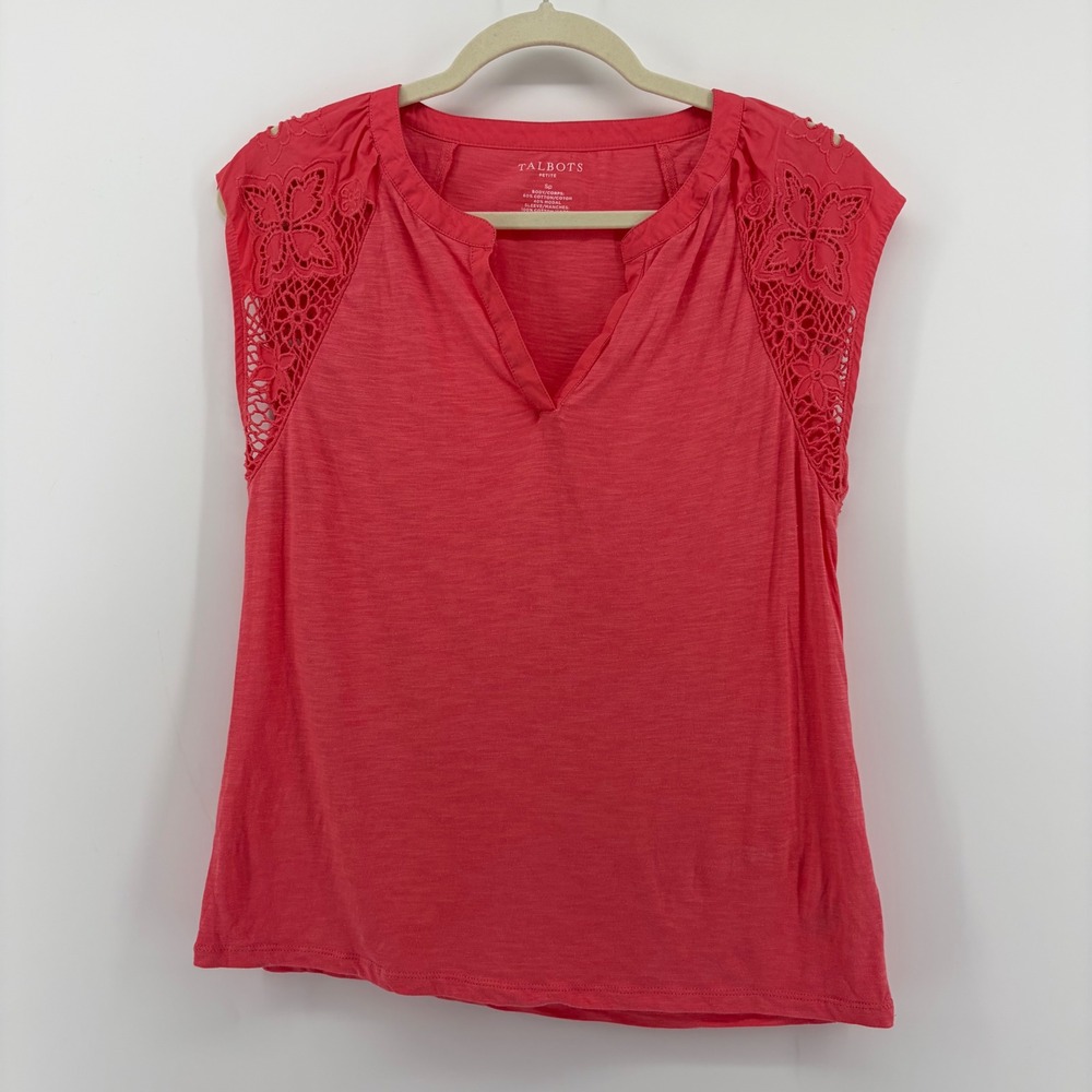 Talbots Womens SP Coral Pink Sleeveless Split Neck Top Crochet Lace Shoulder